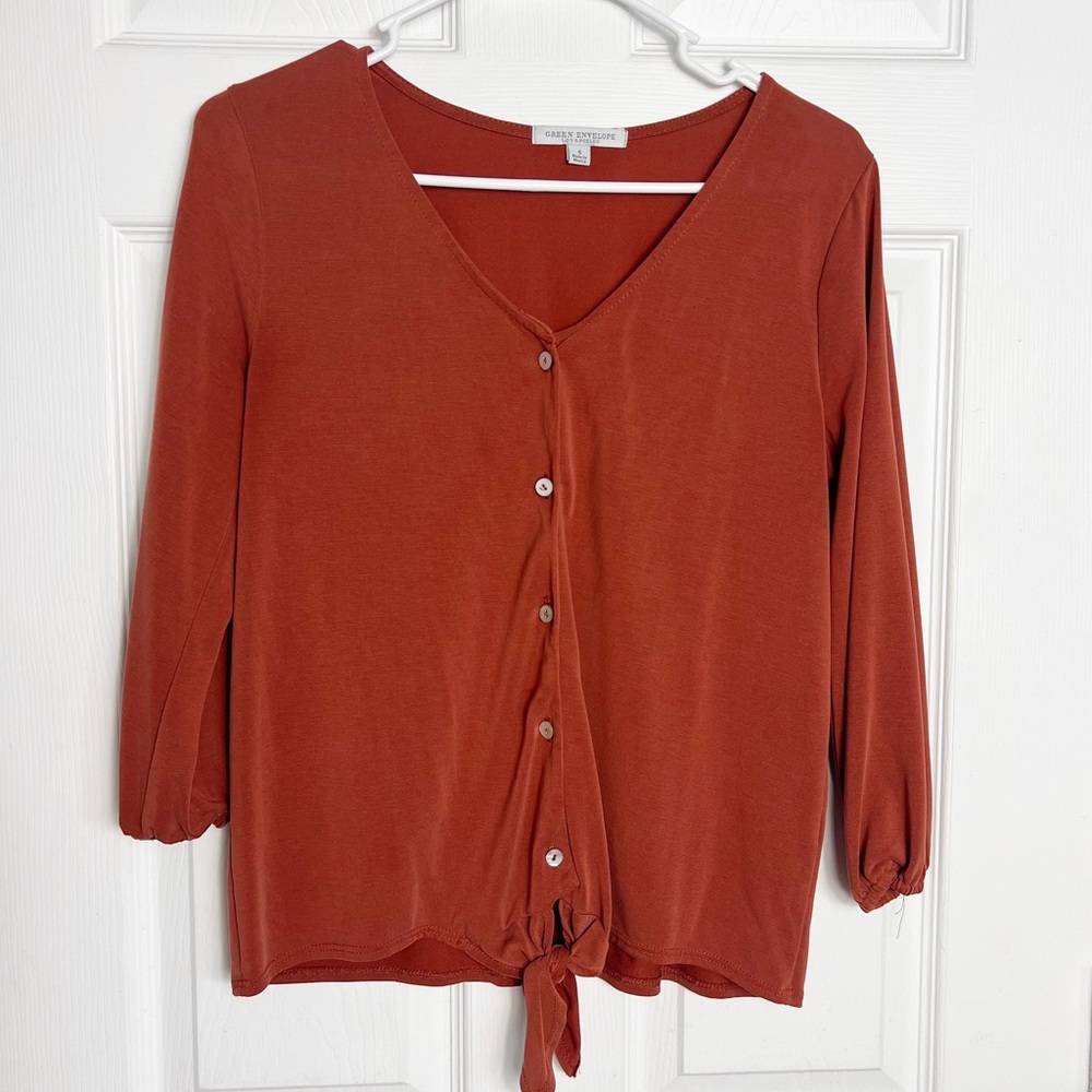 Green Envelope | Tie Waist Button Front Blouse Rusty
